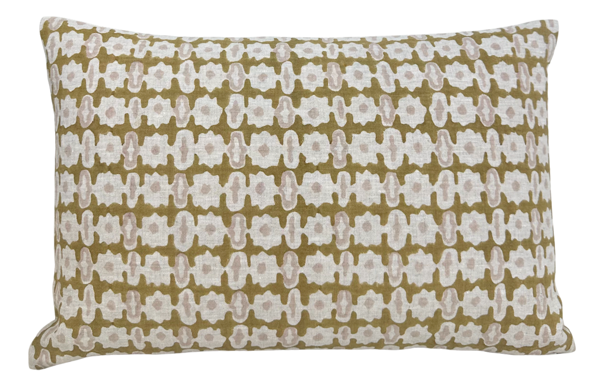Pahari Pillow Cover in Saffron showing front printed saffron fabric and back ivory linen fabric