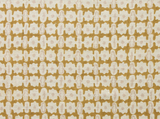 Close-up of a textile pattern featuring an abstract, repeating saffron and white geometric motif resembling interconnected shapes on a neutral background.