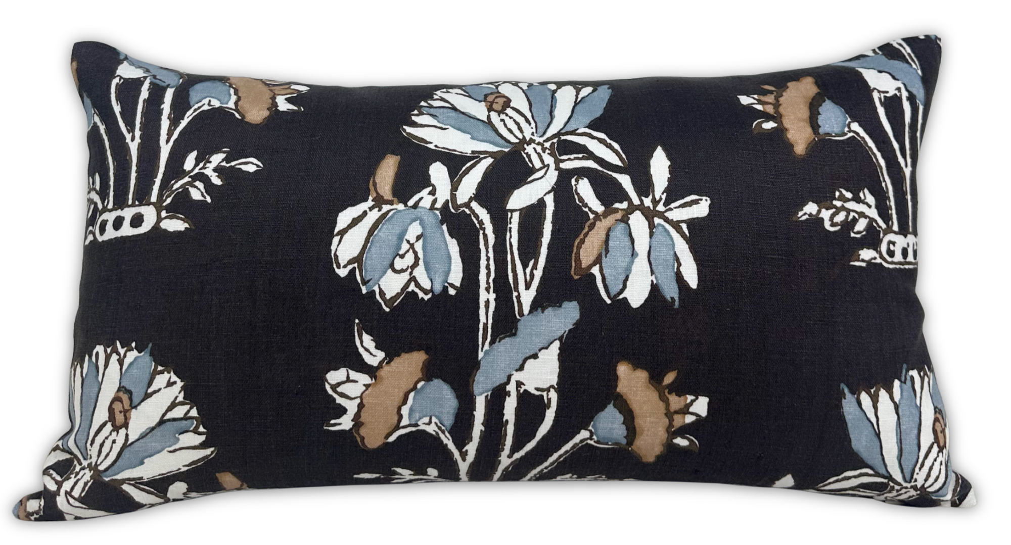 12x22 Lily Floral Pillow Cover in deep brown with ivory and soft blue floral accents