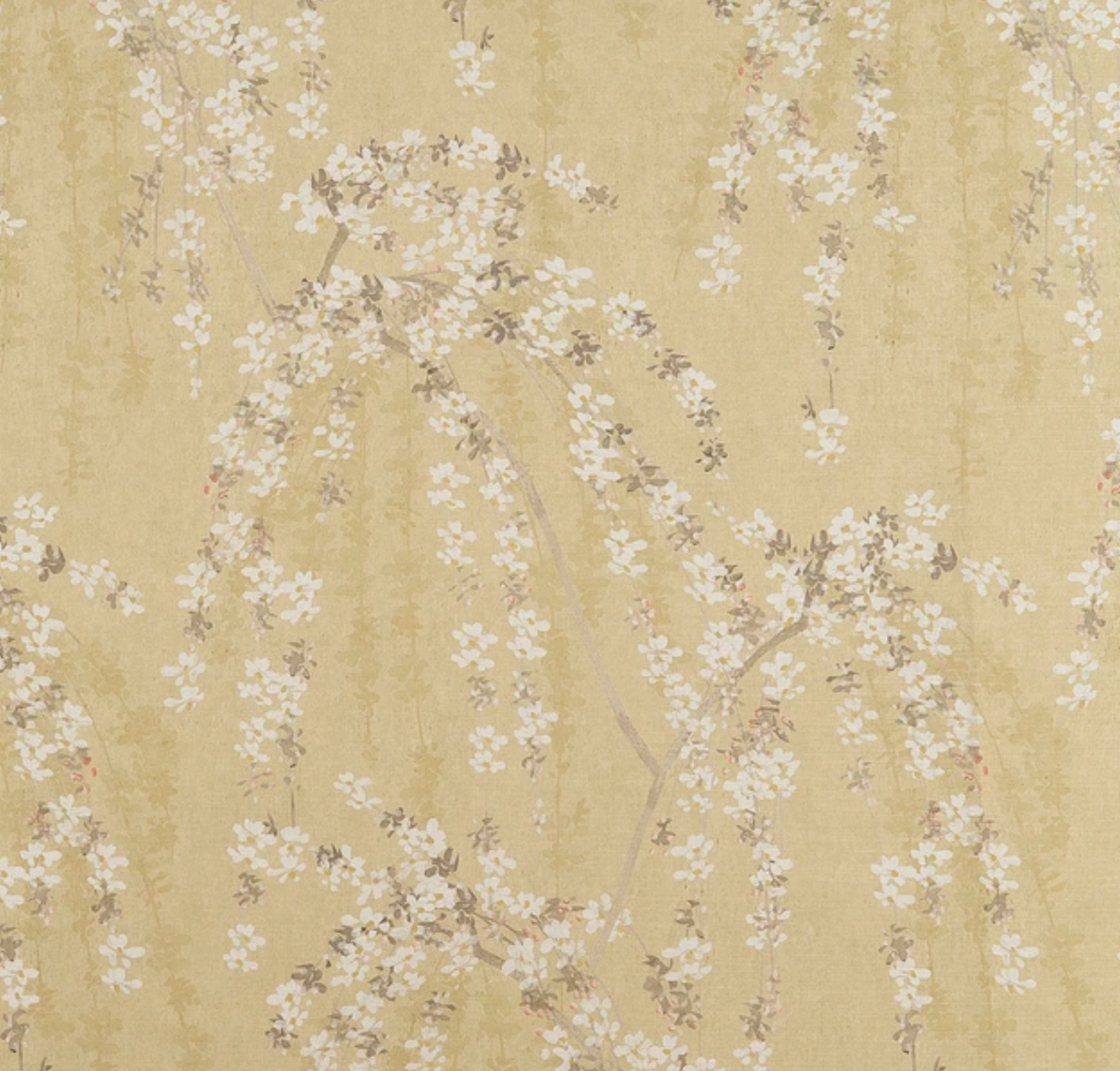 Fabric with a soft gold background featuring delicate white cherry blossom branches with subtle brown detailing in a cascading pattern.