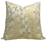 Weeping Blossom Pillow Cover in Gold displayed with floral printed fabric on front and ivory linen back