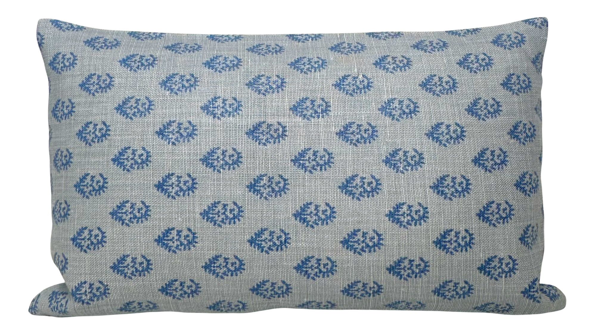 Rajmata Pillow Cover in Mist Indigo, showing indigo patterned front and ivory linen back
