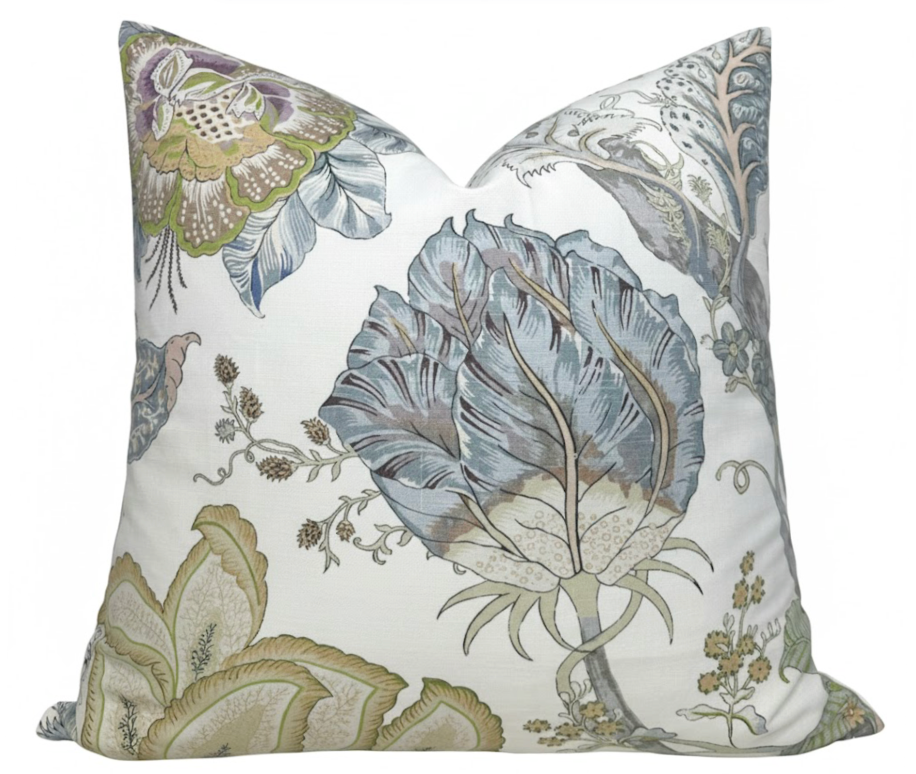 Kalamkari Pillow Cover in Aqua with floral pattern front and ivory linen back
