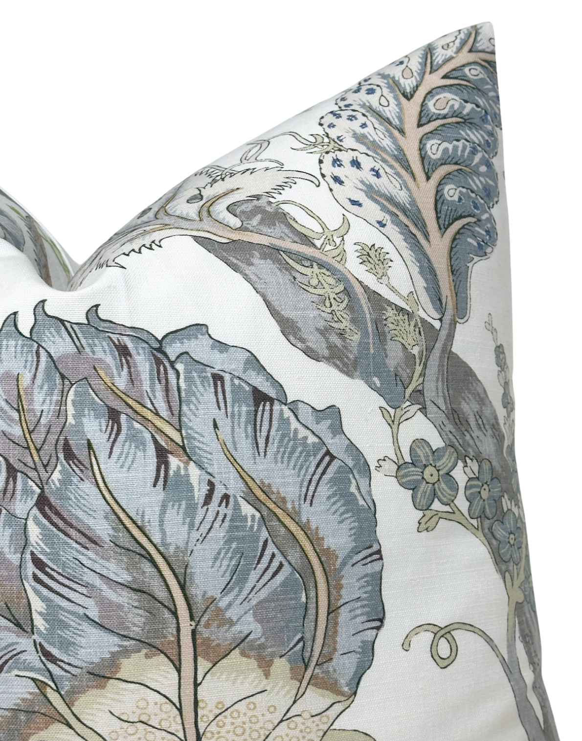 Close-up of a pillow cover featuring large stylized blue and gray floral motifs with intricate leaf and vine details on a white background.