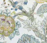 Intricate floral and leaf pattern in aqua, green, and muted purple hues on a white background, featuring detailed branches and stylized natural motifs.