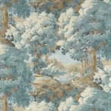 Textured pillow cover depicting a serene woodland clearing with spa blue and beige trees surrounding a small stream, rendered in a painterly style.