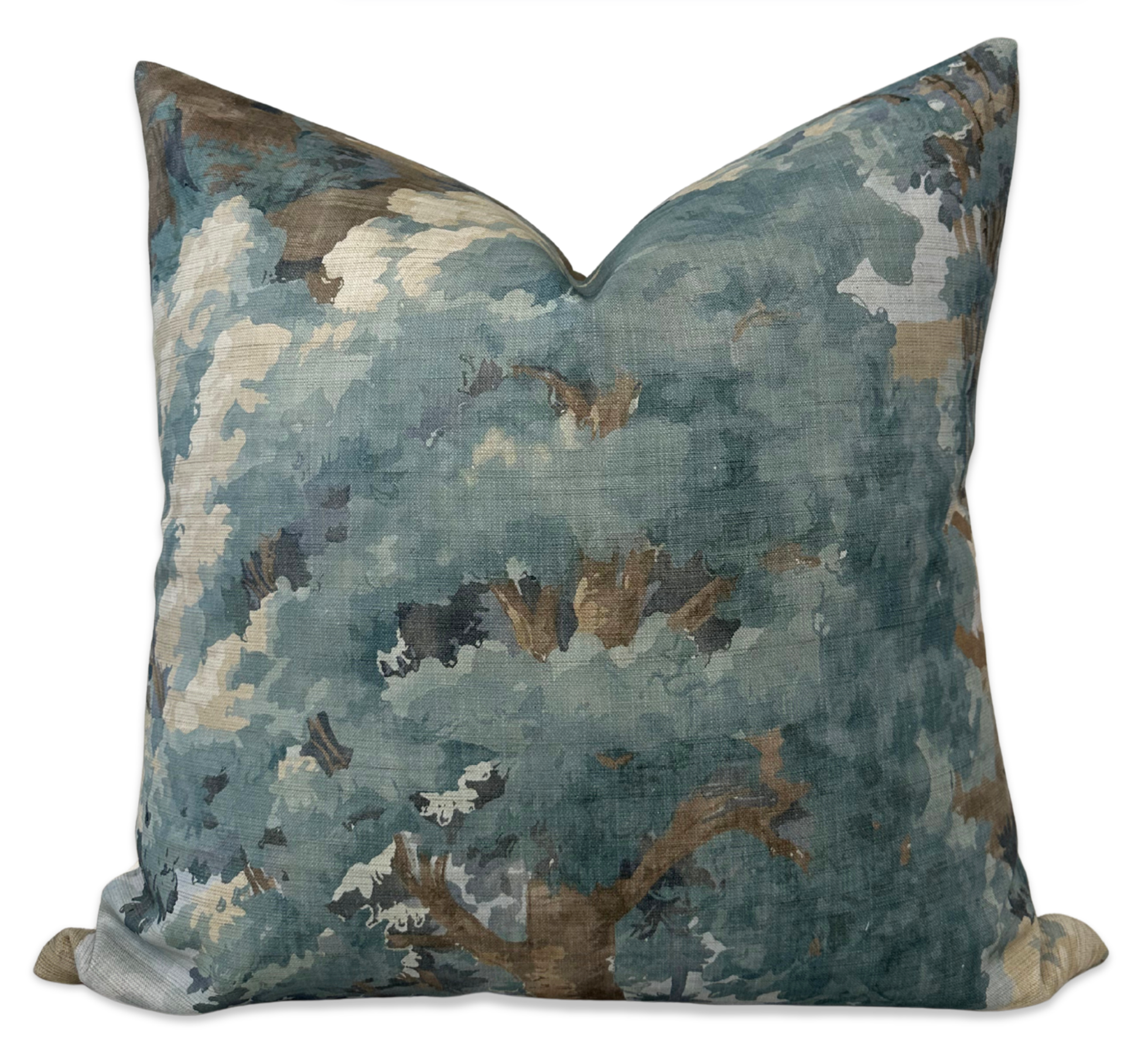 Woodland Clearing pillow cover in spa blue with floral pattern on front and ivory linen backing