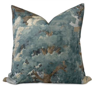 Woodland Clearing pillow cover in spa blue with floral pattern on front and ivory linen backing