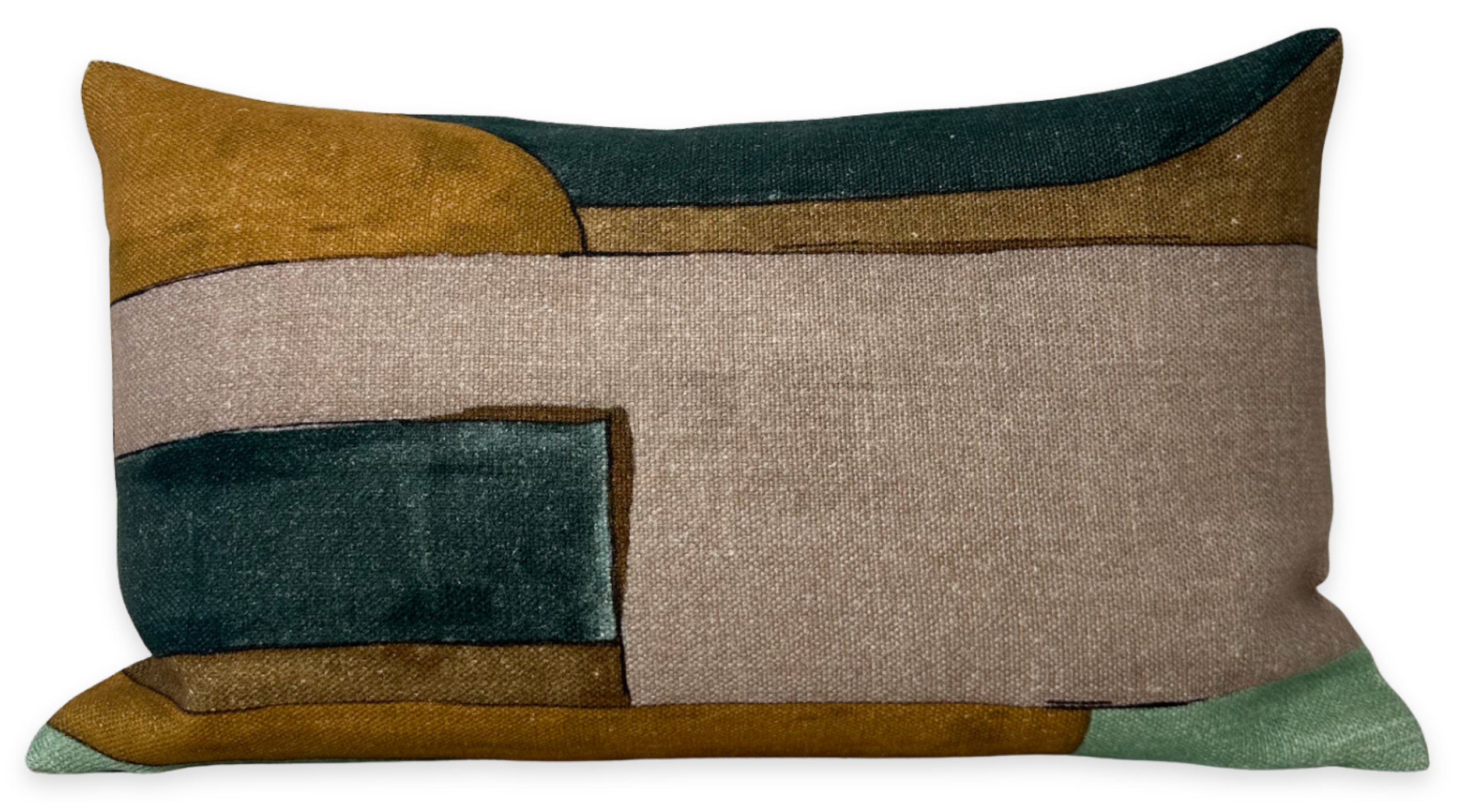 District Pillow Cover in Tobacco by DEKOWE showing abstract printed fabric front and ivory linen back