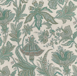 Fabric with intricate sage green floral pattern featuring large stylized flowers and leaves on a light beige background.