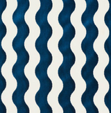 Pattern of vertical wavy stripes in alternating navy blue velvet and white on fabric, showing texture and soft sheen variations.