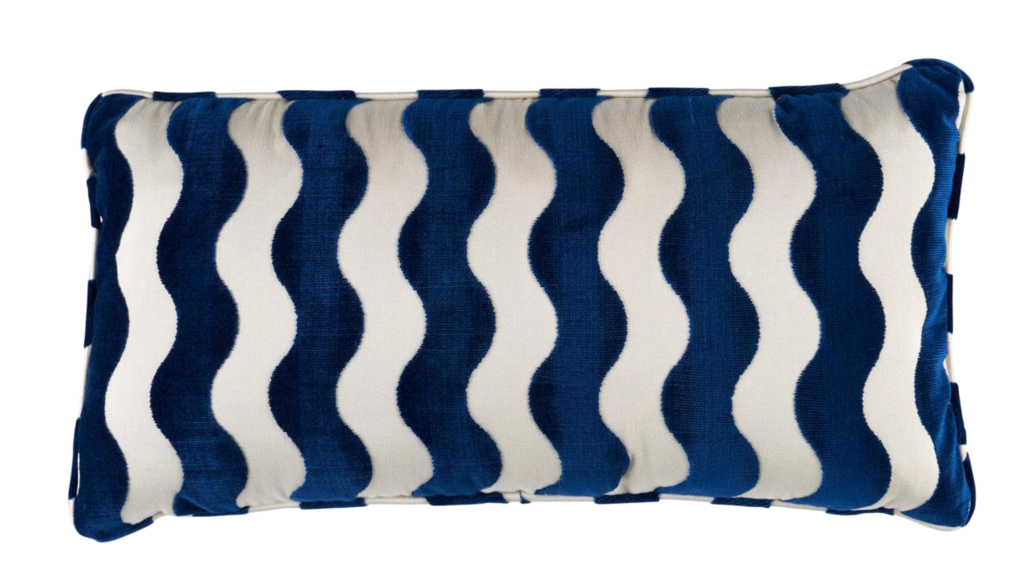 Wave Velvet Pillow Cover in navy blue with wave pattern, displayed on sofa