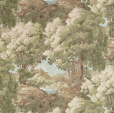 Muted green and brown woodland scene on fabric showing trees, bushes, rocks, and a small pond in a painterly style with soft, blended brushstrokes.