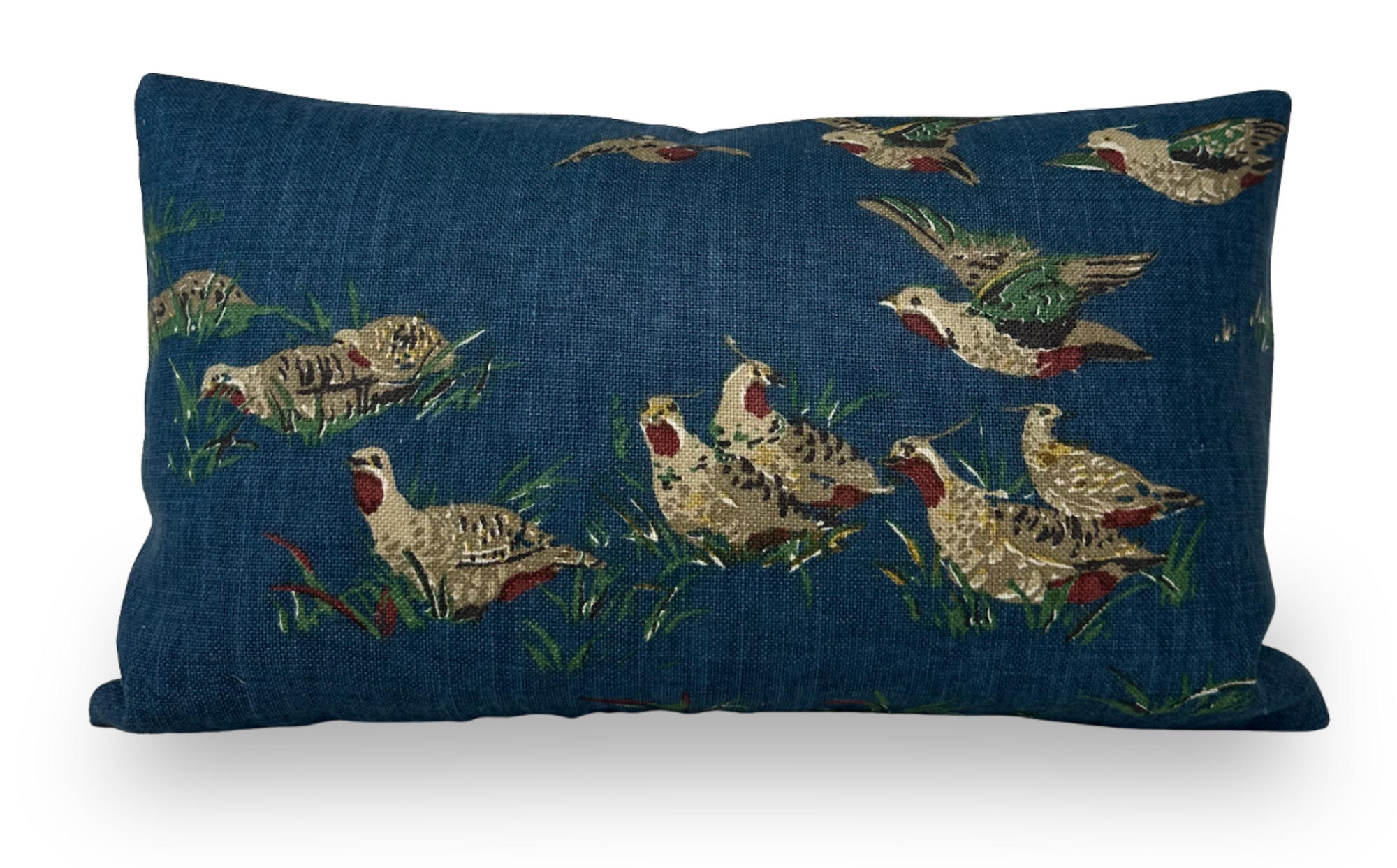 Pointers Covey Pillow Cover in Indigo Blue laid over sofa with close up of fabric texture