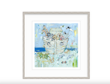 Whimsical nursery art print of Noah's Ark with animals like giraffes, elephants, and birds amid soft blue and pastel tones and a white frame