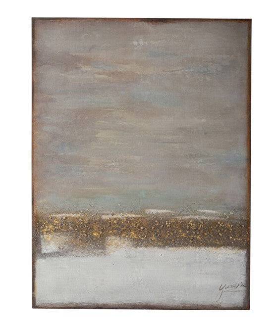 Canvas Picture Abstract Horizon 90x120cm showing a muted grey-blue and earth toned abstract horizon in a solid wood frame