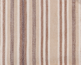 Close-up of a fabric with vertical tan, cream, and brown stripes featuring varied widths and subtle herringbone and plain weaving patterns.