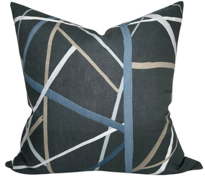 Simpatico Pillow Cover in Raven showing abstract pattern on front and ivory linen on back