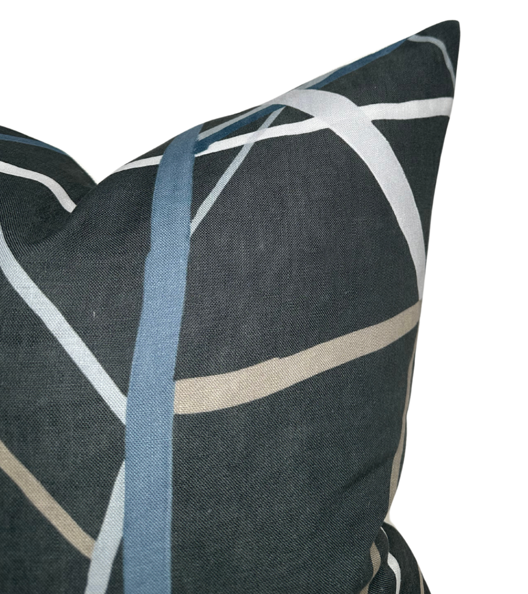 Pillow cover with Raven black base featuring intersecting white, blue, and beige thin diagonal lines forming a geometric pattern.