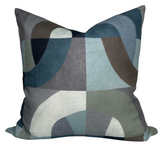 Colonnade Pillow Cover in Indigo showing indigo front print and ivory linen back