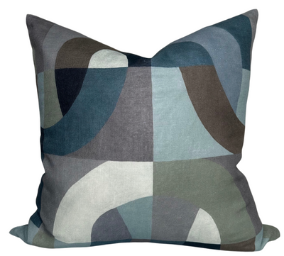 Colonnade Pillow Cover in Indigo showing indigo front print and ivory linen back