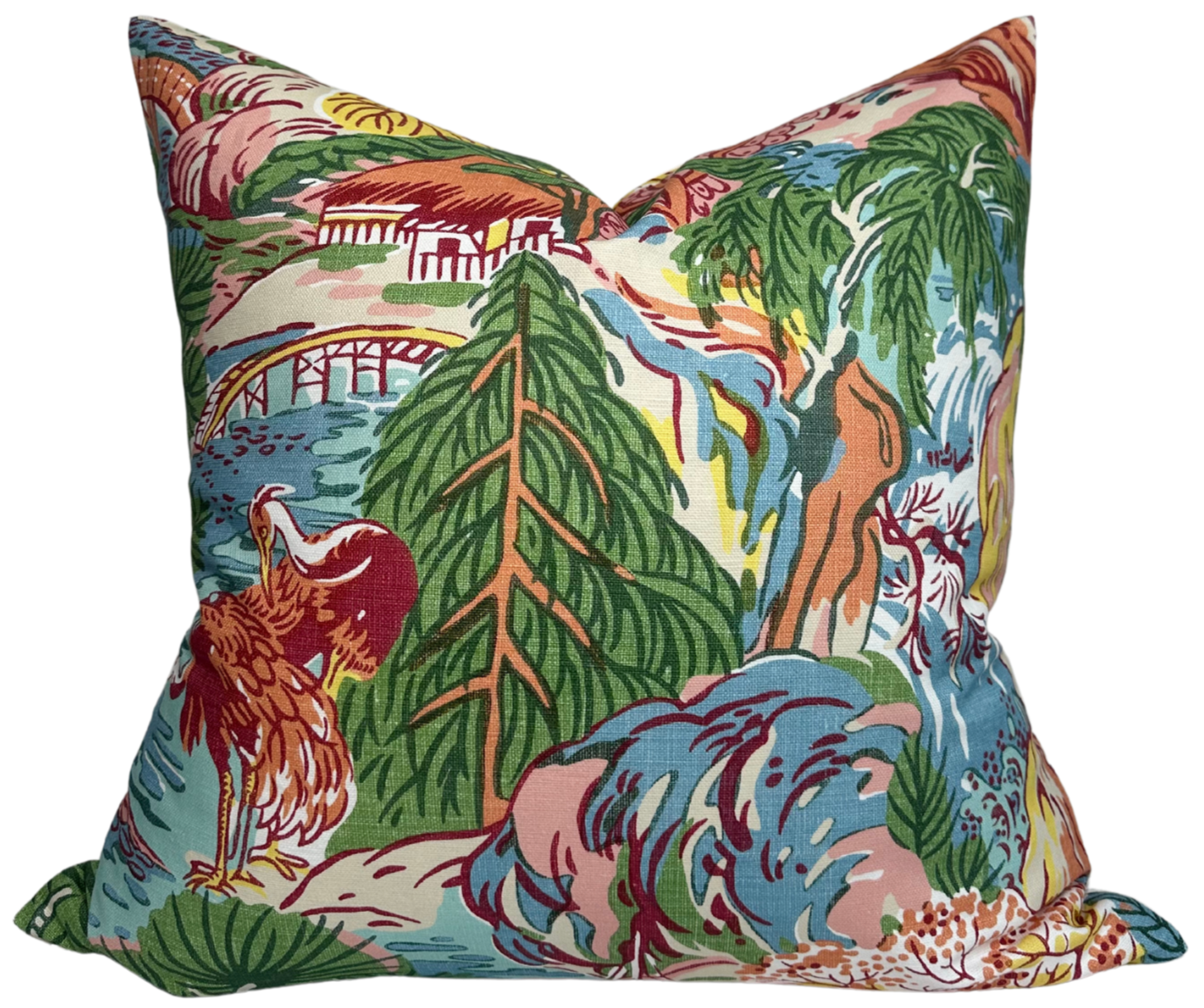 Pagoda Pillow Cover in Coral featuring floral and pagoda pattern with ivory linen backing
