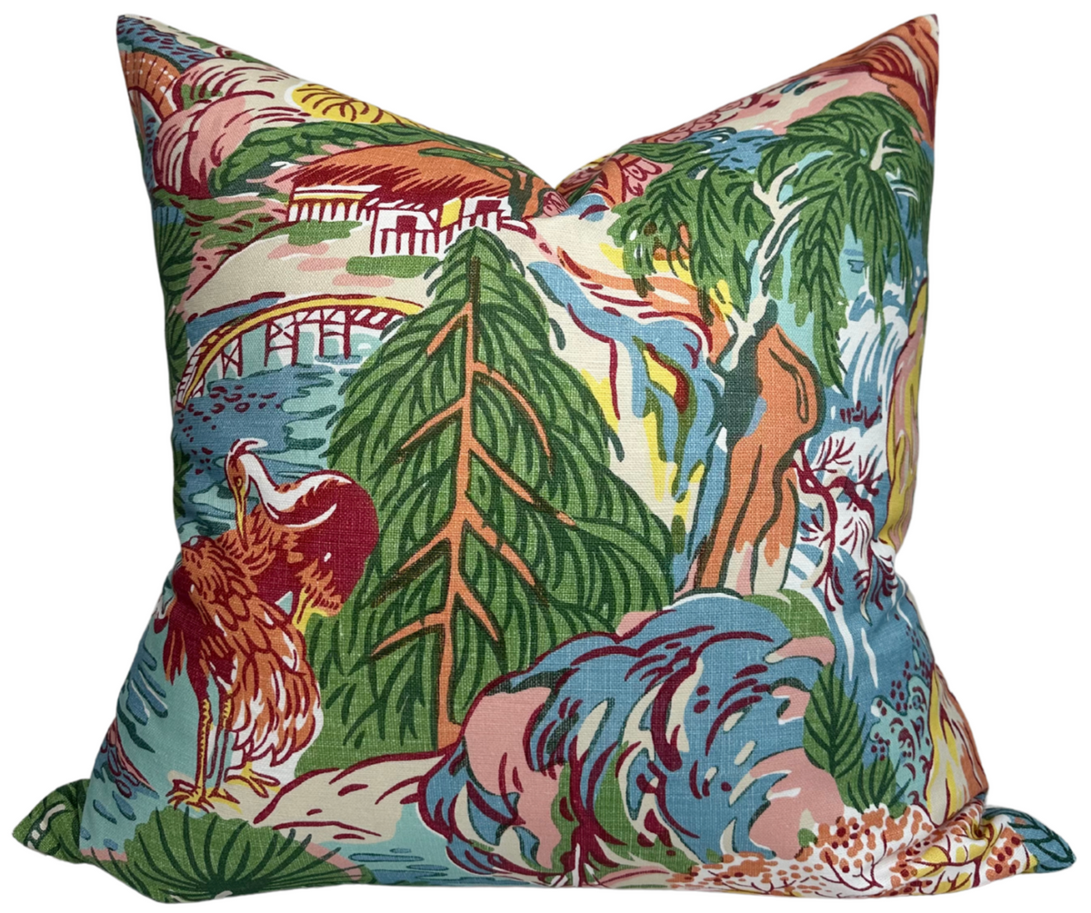 Pagoda Pillow Cover in Coral featuring floral and pagoda pattern with ivory linen backing