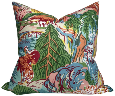 Pagoda Pillow Cover in Coral featuring floral and pagoda pattern with ivory linen backing
