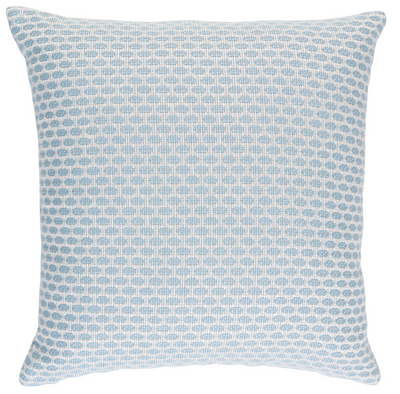 Hickox Woven Pillow Cover in Sky Blue displayed on a sofa