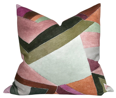 Roulade Pillow Cover in Rose showing abstract rose pattern on linen fabric with ivory linen backing