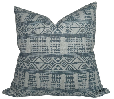 Addis Pillow Cover in Mist Blue with Peter Dunham’s print front and navy linen back