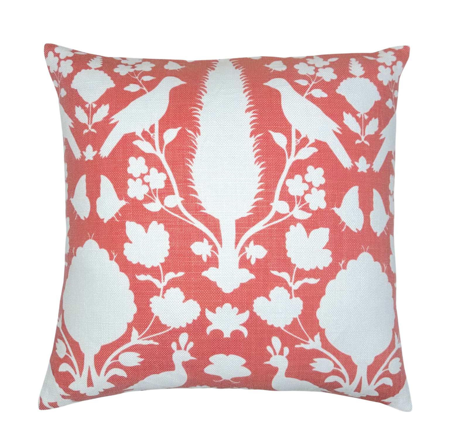 Chenonceau pillow cover showing coral printed front and ivory linen back