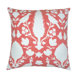 Chenonceau pillow cover showing coral printed front and ivory linen back