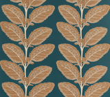 Ochre-colored detailed leaf pattern arranged in vertical rows against a deep mineral blue background, resembling embroidered or printed textile design.