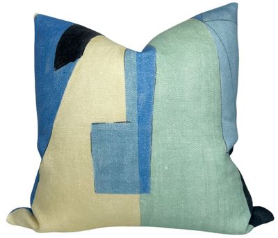 District Pillow Cover in Cobalt with abstract cobalt print front and ivory linen back
