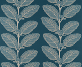 Pattern of beige botanical leaves with detailed veining on a deep blue background, arranged in vertical rows for decorative textile design.