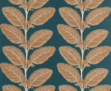 Vertical pattern of large stylized beige leaves with intricate detailing on a dark teal background, arranged in paired columns facing opposite directions.