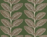 Pattern of large, detailed beige leaves with intricate vein and dot accents on vertical stems against a deep green background.