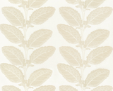 Pattern of large beige leaves with intricate detailing on a light cream background, arranged in vertical pairs along slender stems.