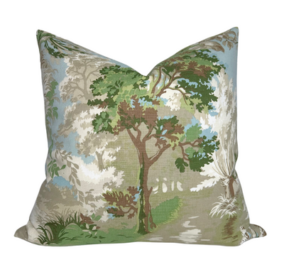 Green Lincoln Toile Pillow Cover front and ivory linen back fabric