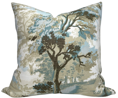 Lincoln Toile Pillow Cover in Light Blue displayed on sofa
