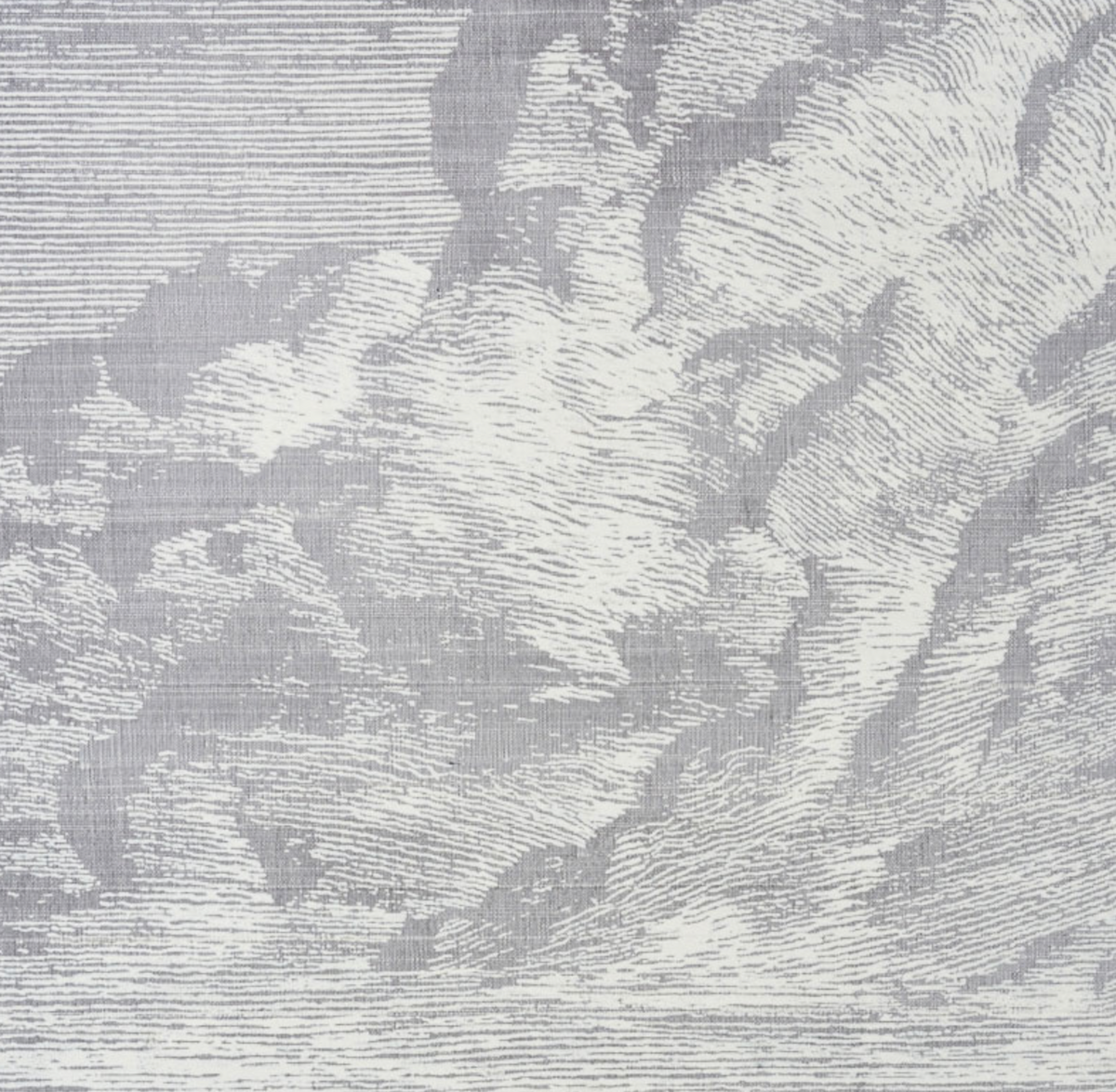 Textured fabric in fog grey with a toile pattern depicting clouds and sky using fine white and grey lines.