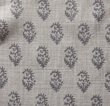 Ash grey textile with a repeating small floral motif pattern in dark grey, showing woven texture details of the fabric.