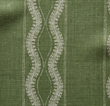 Green textile with vertical white wavy stripes and dotted accents on textured fabric background