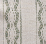 Close-up of fabric with green wavy and straight vertical lines on a light beige textured background, showing a woven pattern.