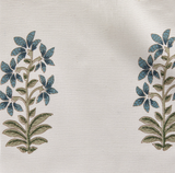 Close-up of two symmetrical floral patterns with indigo blue and olive green leaves on a textured off-white fabric background
