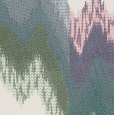 Zigzag woven pattern on fabric with alternating waves of muted green, purple, blue, and pink threads creating a textured, abstract design on a light background.