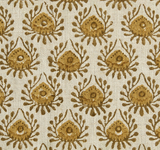 Close-up of woven fabric with repeating saffron-colored floral motifs on a beige background, showcasing a textured, natural fiber surface.