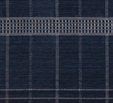 Dark navy fabric with a textured striped pattern featuring thin beige vertical and horizontal lines and a central band of small beige squares.