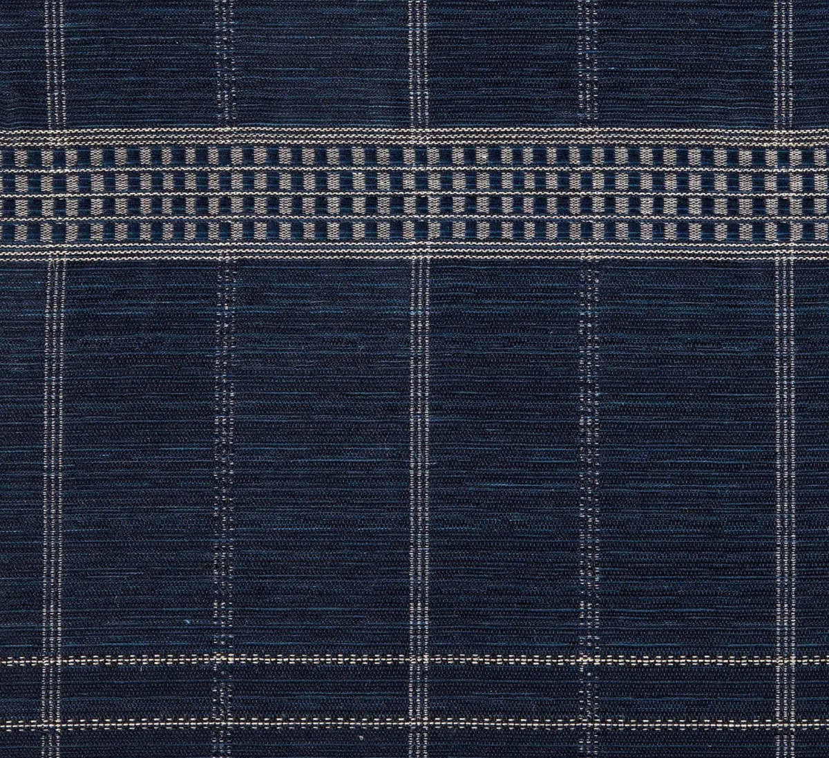Dark navy fabric with a textured striped pattern featuring thin beige vertical and horizontal lines and a central band of small beige squares.